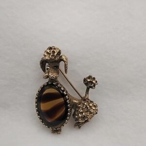 Vintage Mid-Century Jelly Belly Poodle Brooch with Glass Faux Tigers Eye Belly.